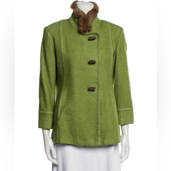 Cinzia Rocca Loro Piana Green Wool Blend Rabbit Fur Collar Toggle Jacket EUC 10 - Picture 1 of 13